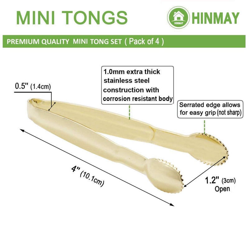 HINMAY Gold Plated Mini Serving Tongs 4-Inch Sugar Cube Tongs Stainless Steel Mini Ice Tongs, Set of 4 - Image 3
